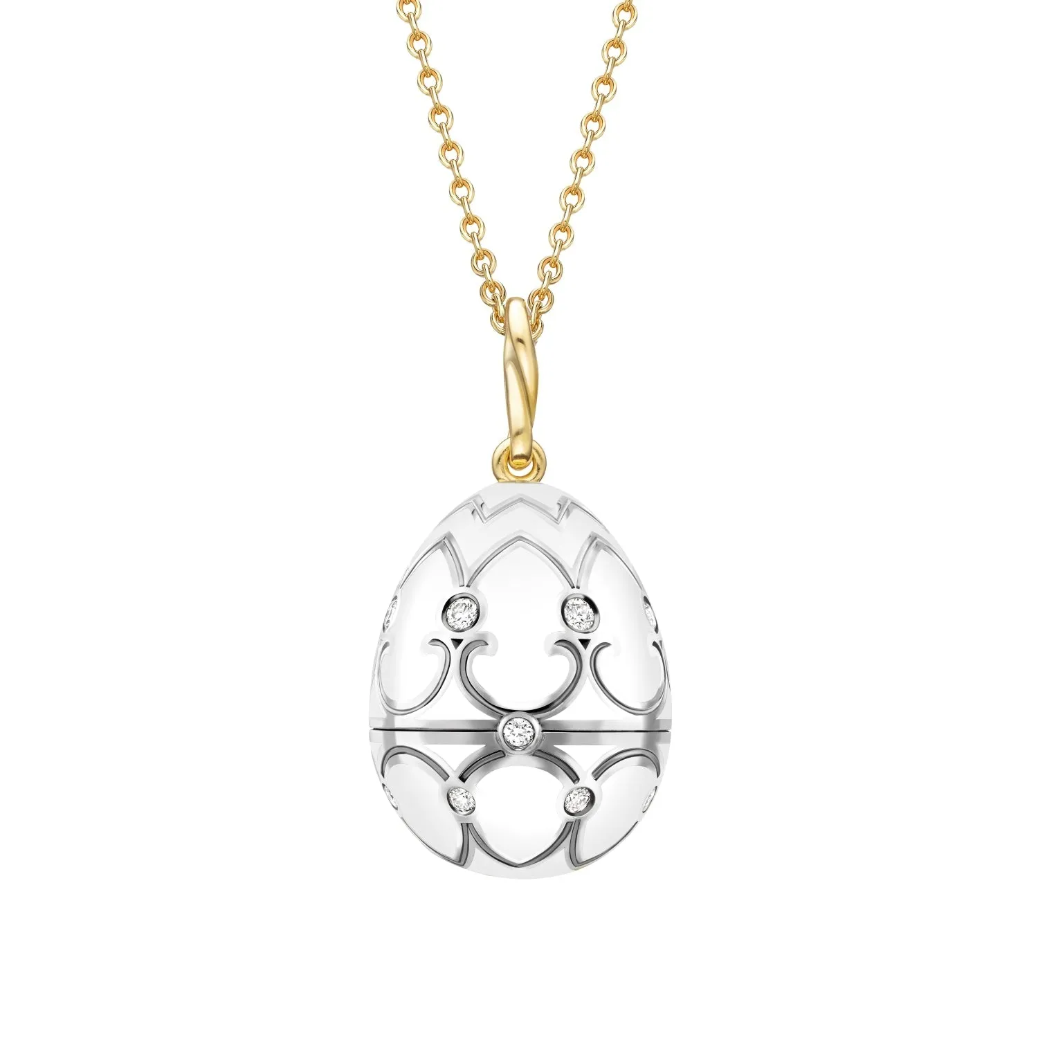 Faberge Heritage 18ct Gold White Enamel Locket with Mother of Pearl Flower Surprise
