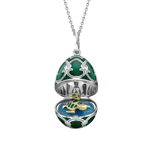 Faberge Heritage White Gold Green Guilloche Enamel Locket with Turtle Surprise