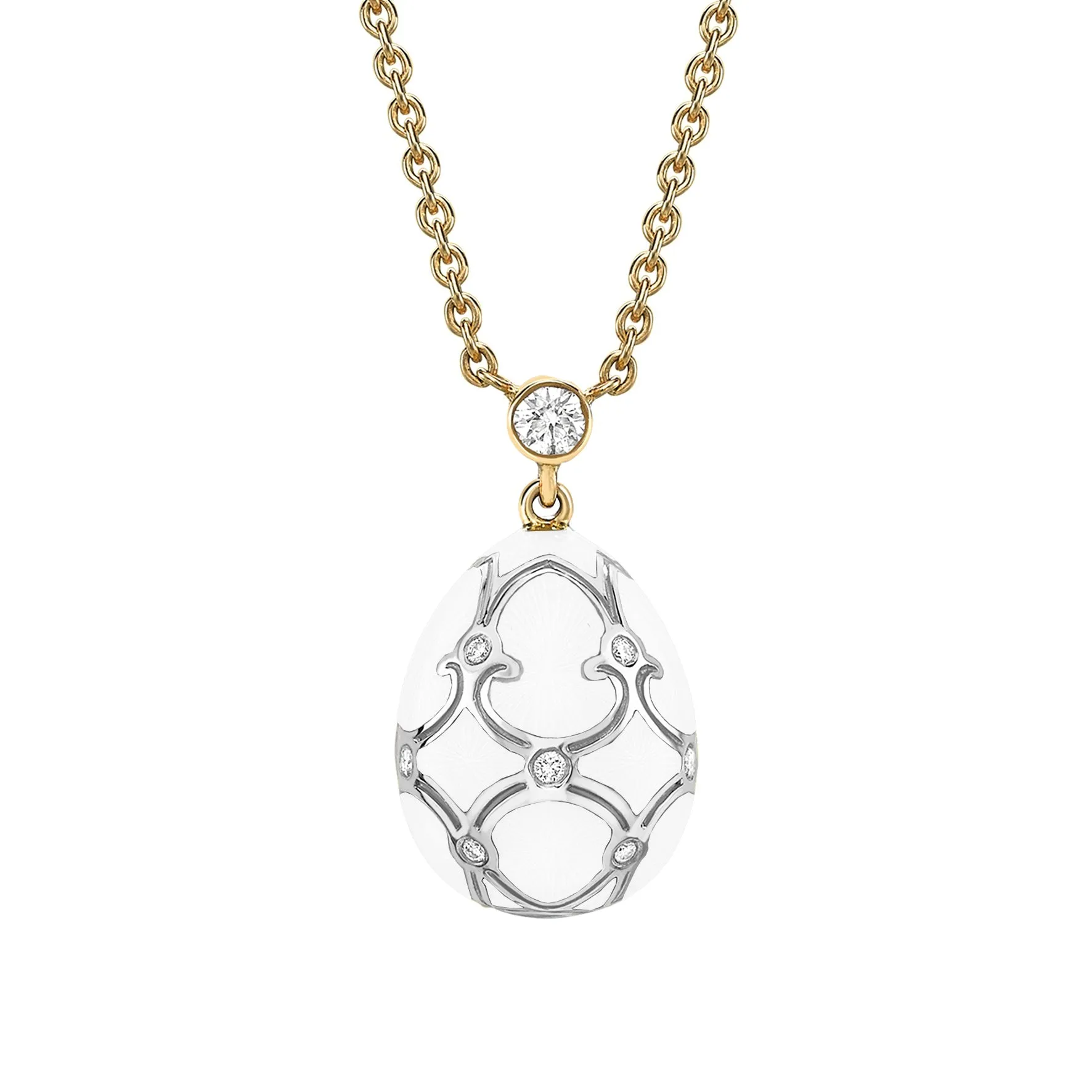Faberge Heritage Yellow & White Gold Diamond & White Guilloch Enamel Petite Egg Pendant