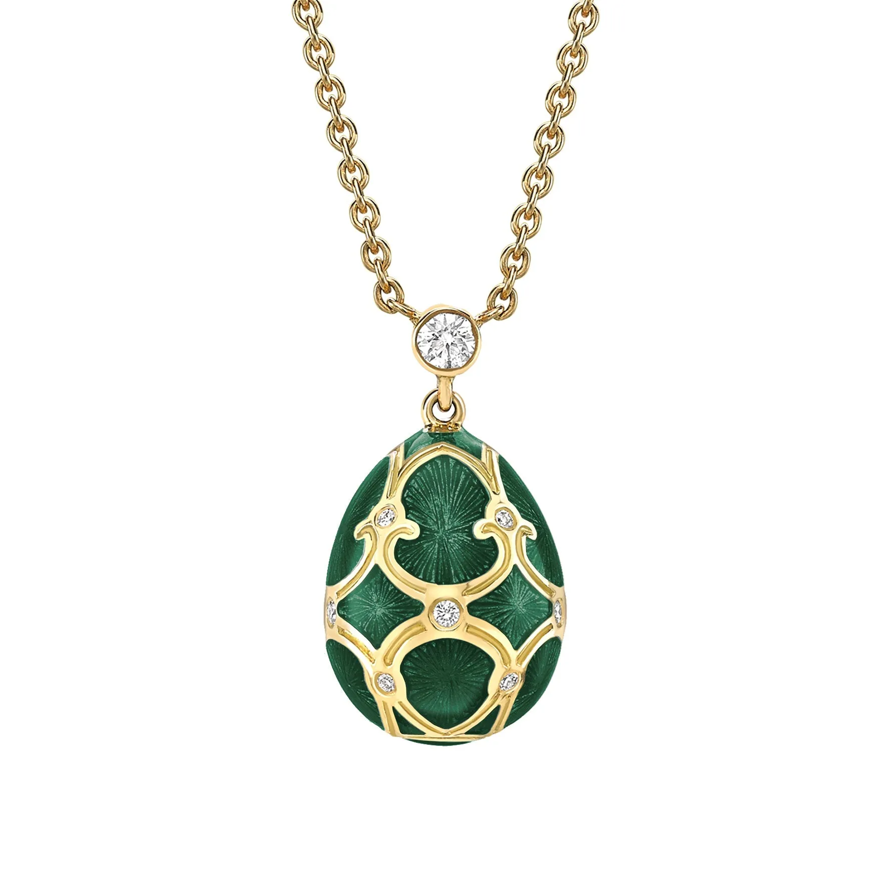 Faberge Heritage Yellow Gold Diamond & Green Guilloch Enamel Petite Egg Pendant