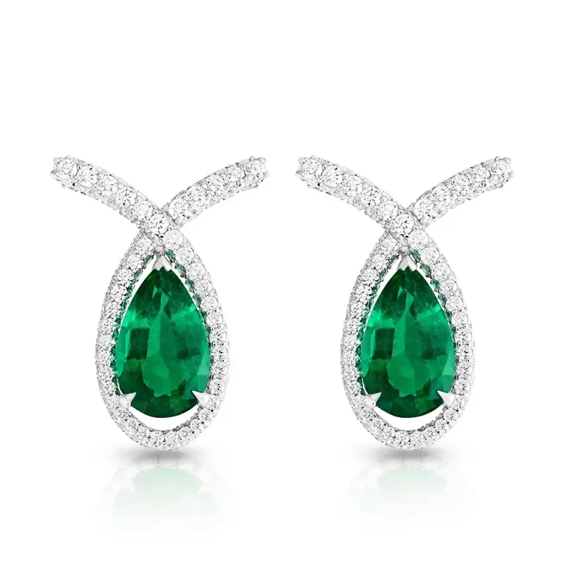 Faberge Treasures Cotillon 18ct White Gold Emerald Diamond Pear Cut Earrings