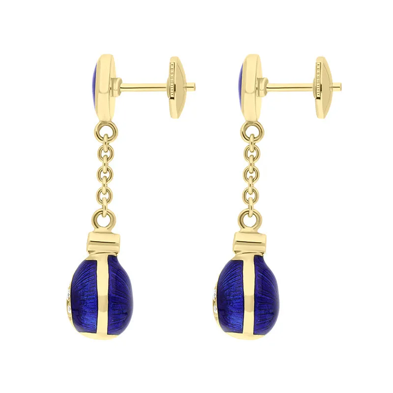 Faberge Victor Mayer 18ct Yellow Gold 0.11ct Diamond Blue Enamel Egg Drop Earrings