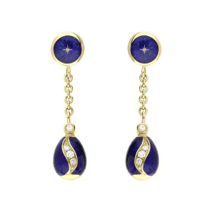 Faberge Victor Mayer 18ct Yellow Gold 0.11ct Diamond Blue Enamel Egg Drop Earrings