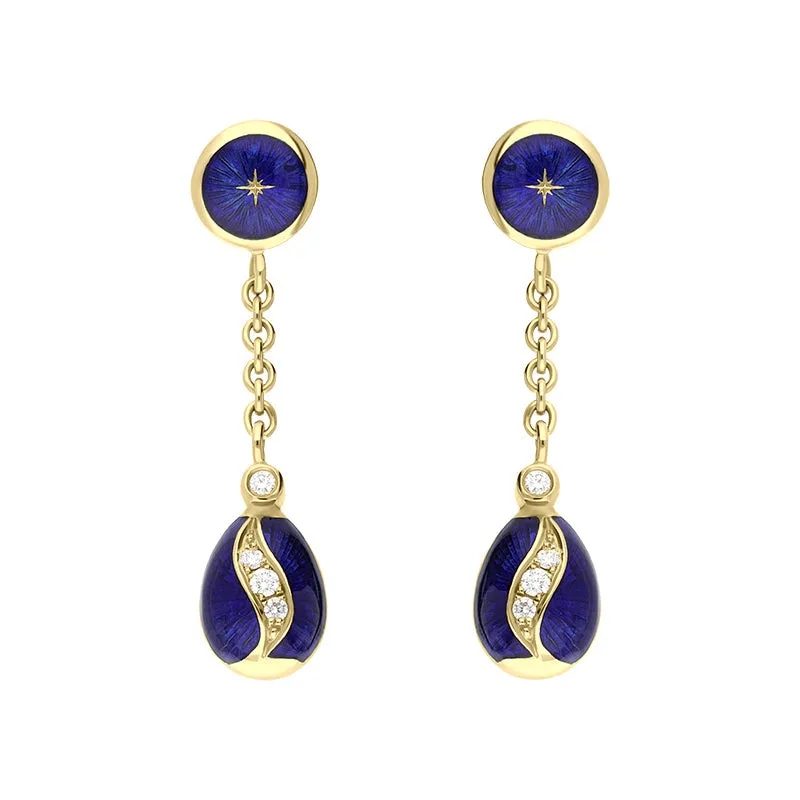 Faberge Victor Mayer 18ct Yellow Gold 0.11ct Diamond Blue Enamel Egg Drop Earrings