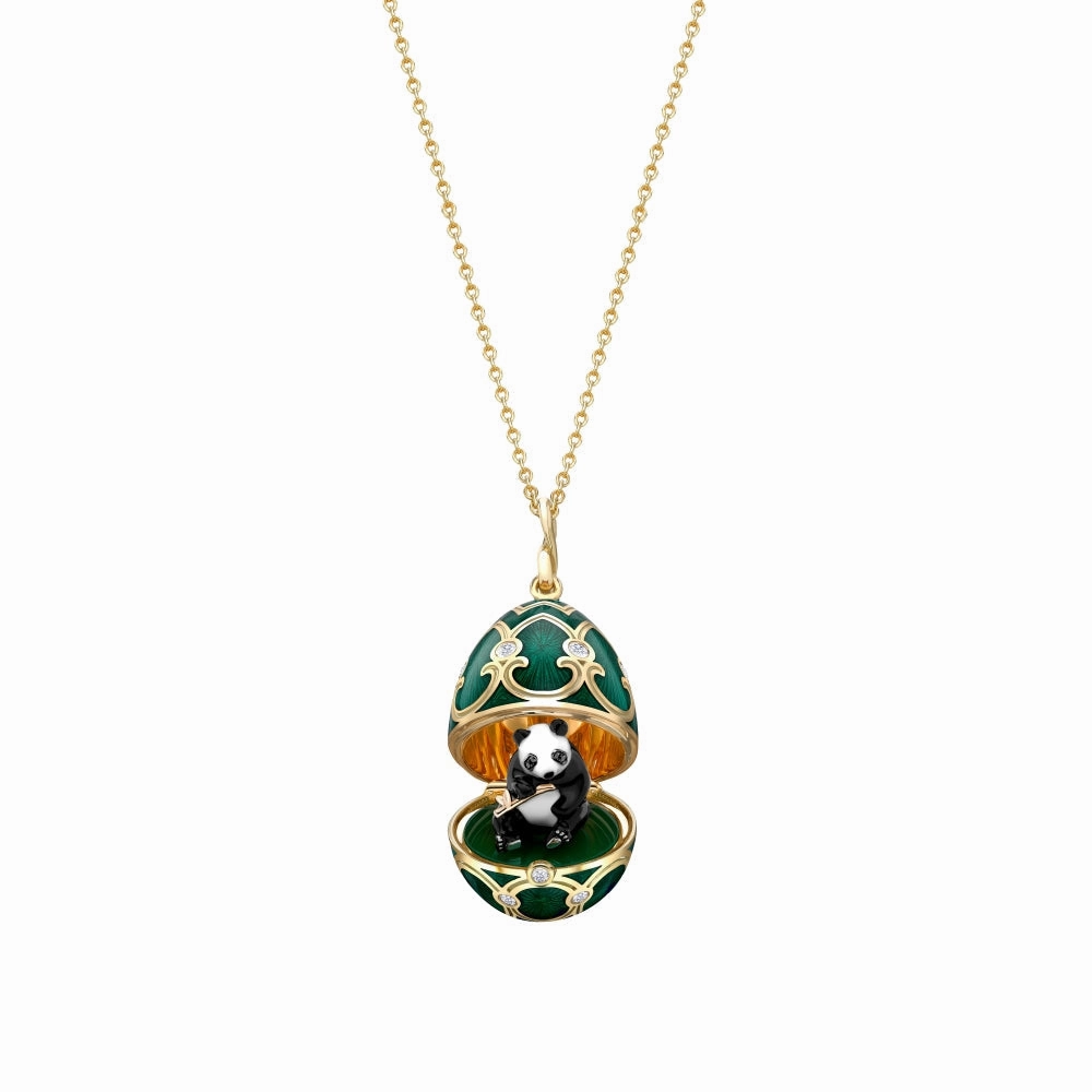 Faberge Tsarskoye Selo Yellow White Rose Gold Enamel Locket with Panda Surprise