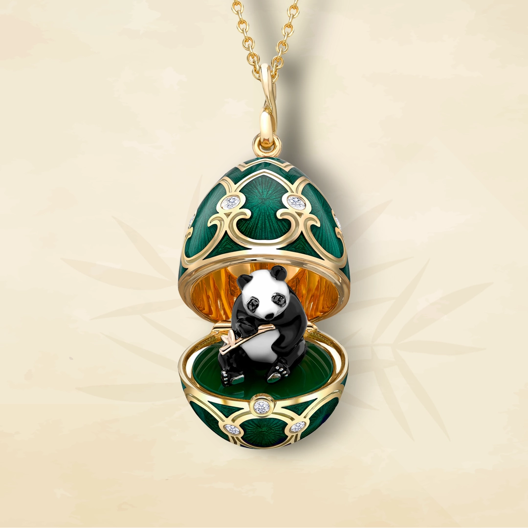 Faberge Tsarskoye Selo Yellow White Rose Gold Enamel Locket with Panda Surprise