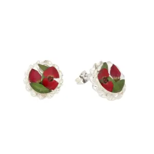Floral Earrings Red Round Stud Silver Small