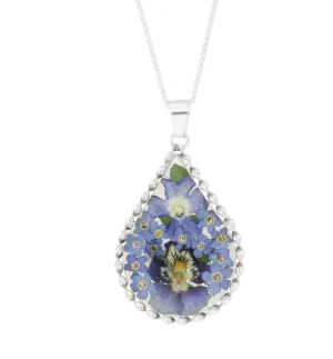 Floral Necklace Blue Teardrop Silver Large