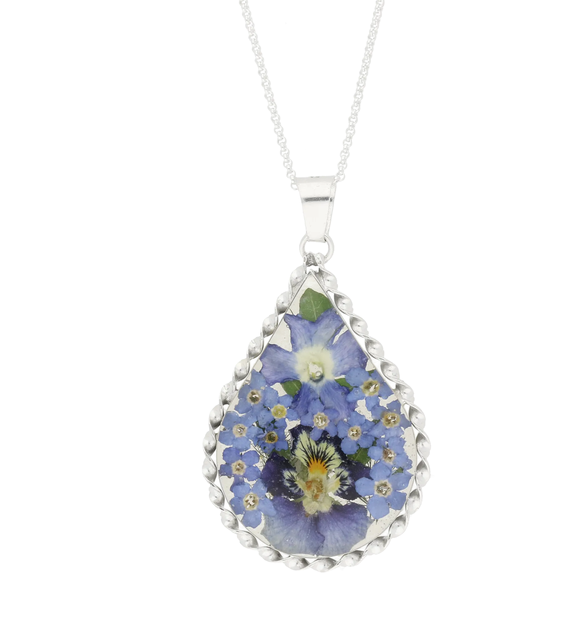 Floral Necklace Blue Teardrop Silver Large