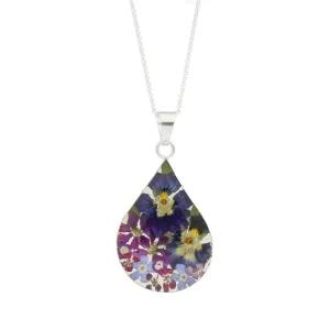Floral Necklace Purple & Blue Teardrop Silver Large
