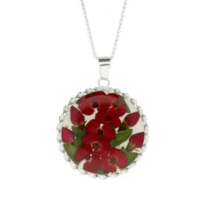 Floral Necklace Red Round Silver Large