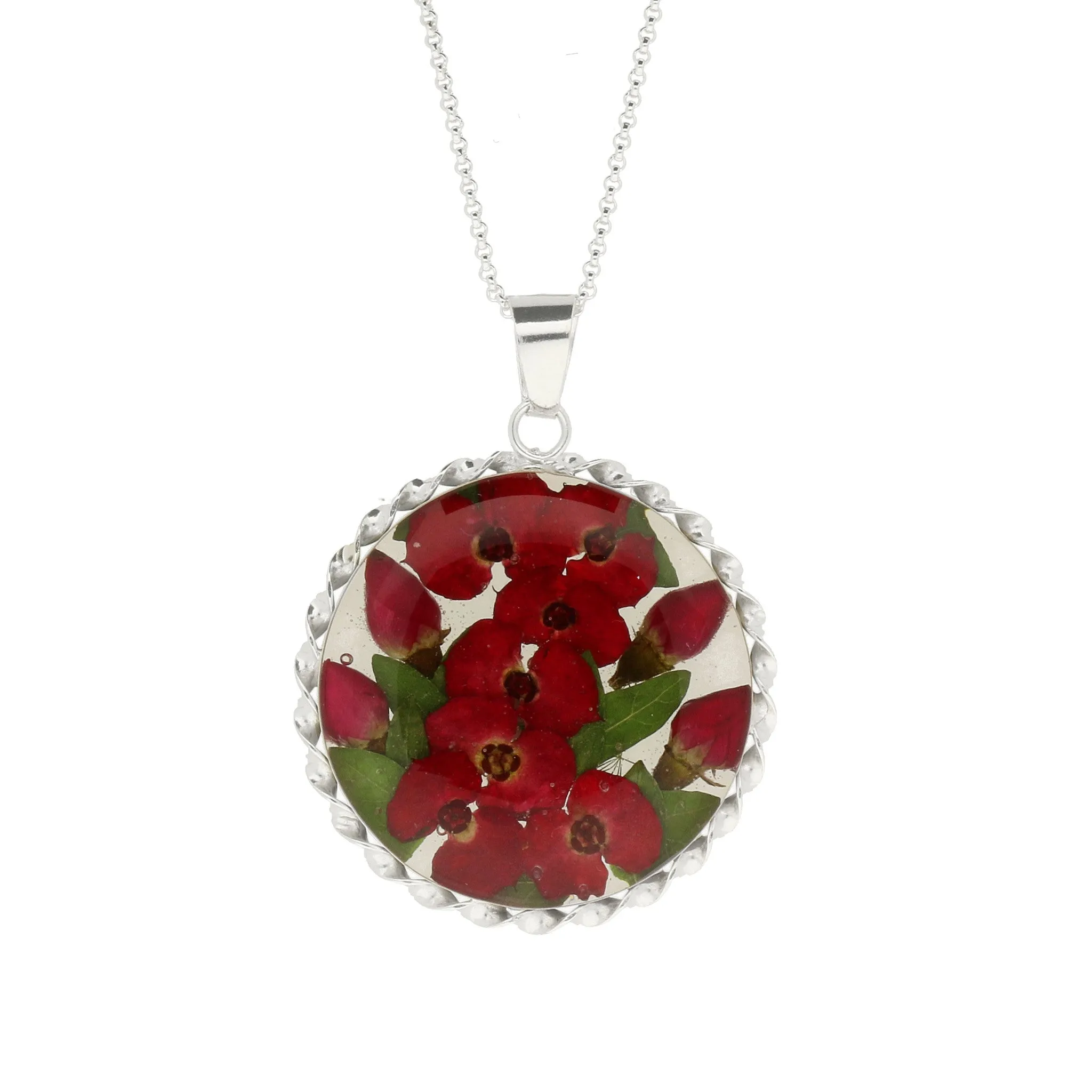 Floral Necklace Red Round Silver Large