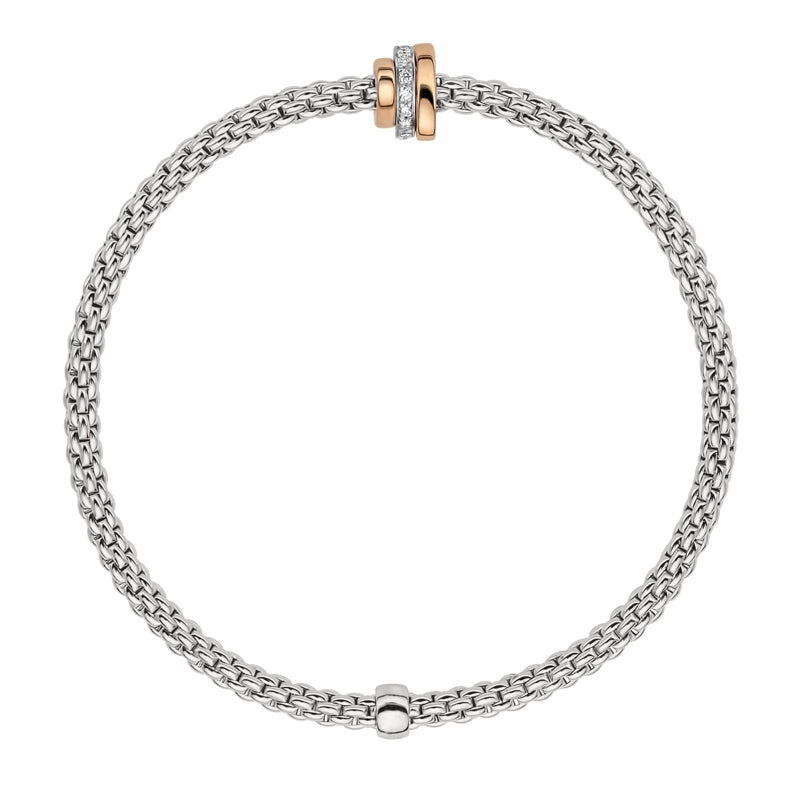 Fope Flex'it Prima 18ct White Gold 0.10ct Diamond Rose Gold Rondelle Bracelet
