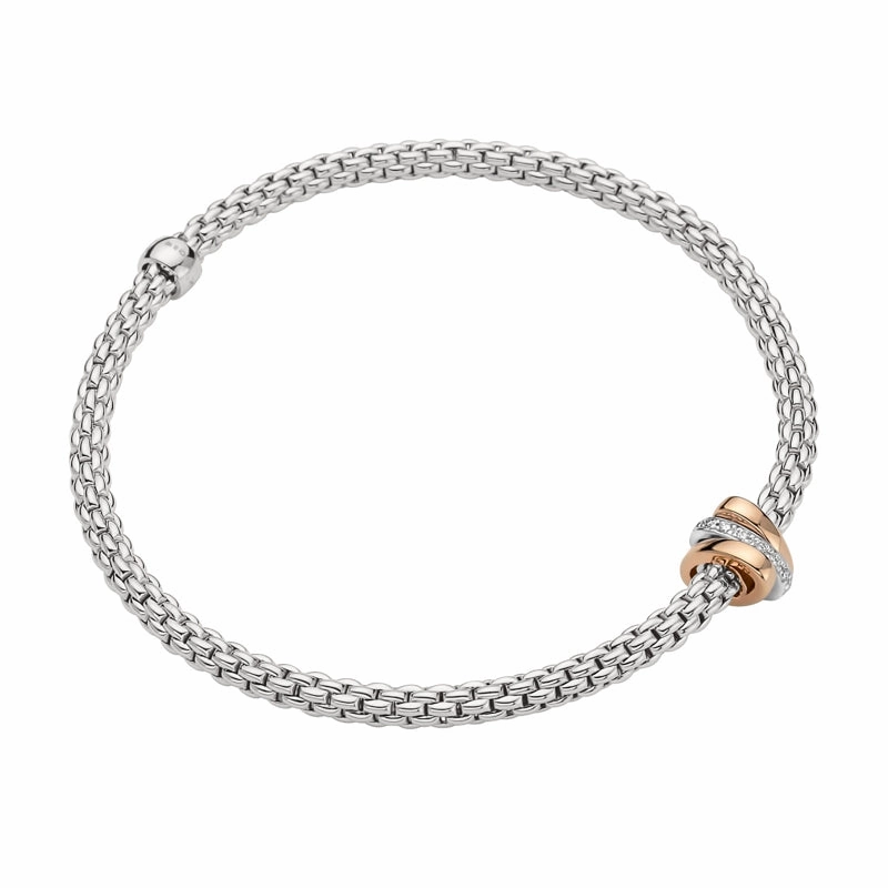 Fope Flex'it Prima 18ct White Gold 0.10ct Diamond Rose Gold Rondelle Bracelet