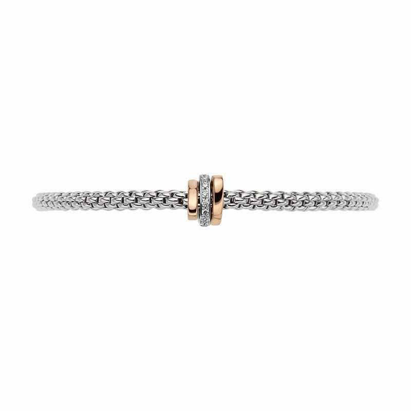 Fope Flex'it Prima 18ct White Gold 0.10ct Diamond Rose Gold Rondelle Bracelet