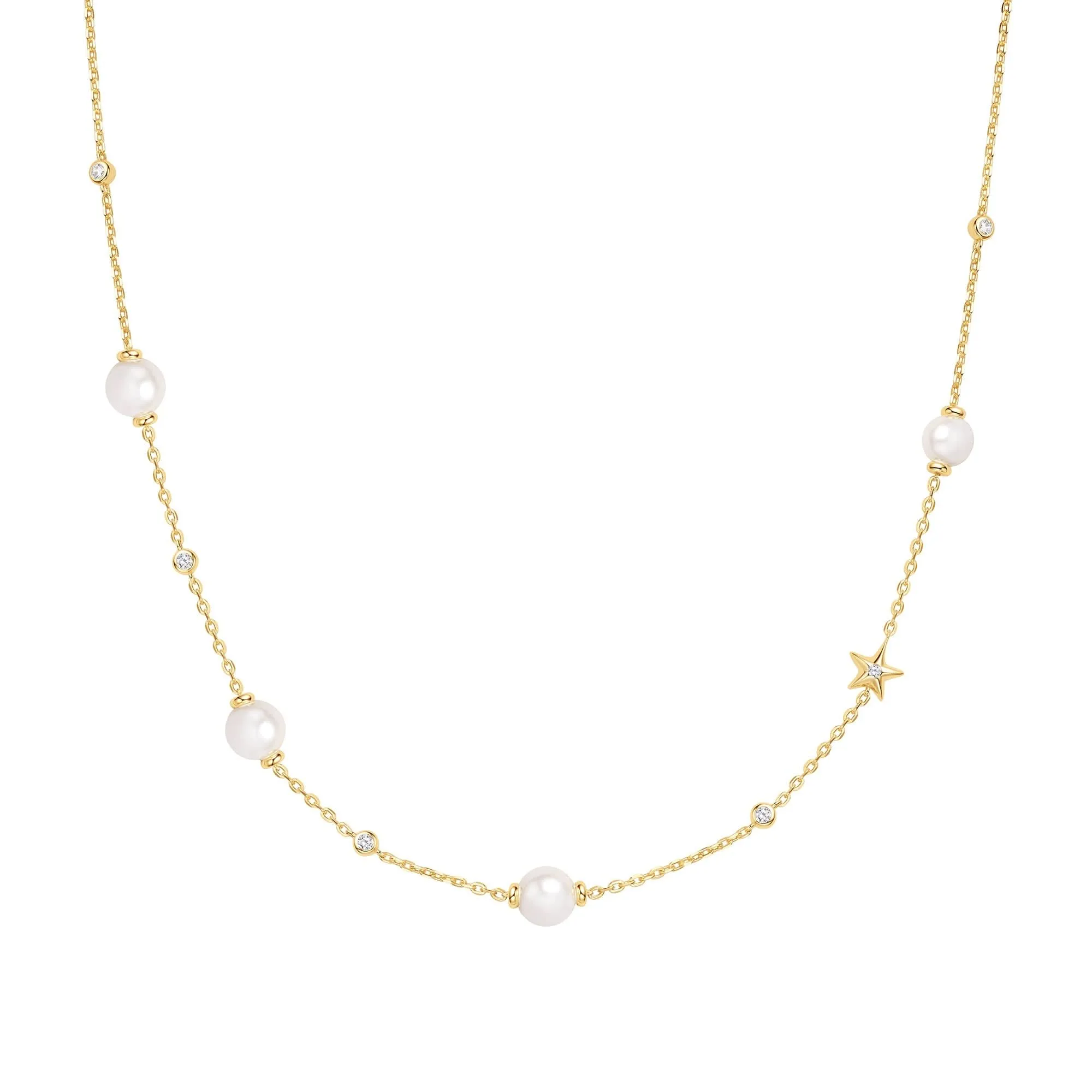 Gold Pearl and Star Station Necklace N065-09G