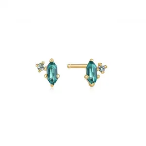 Gold Teal Sparkle Emblem Stud Earrings E041-02G-G