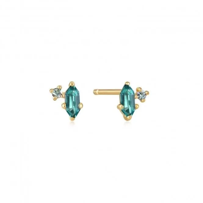 Gold Teal Sparkle Emblem Stud Earrings E041-02G-G
