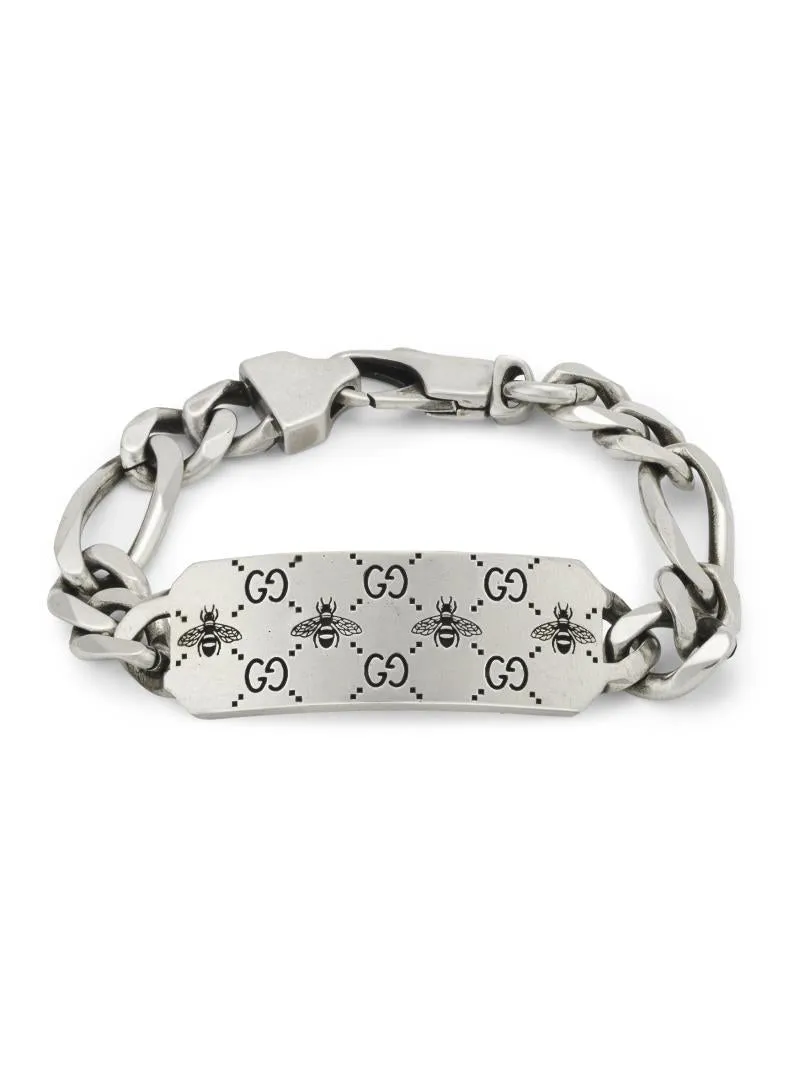 Gucci GG Sterling Silver Engraved Bee Identity Bracelet D