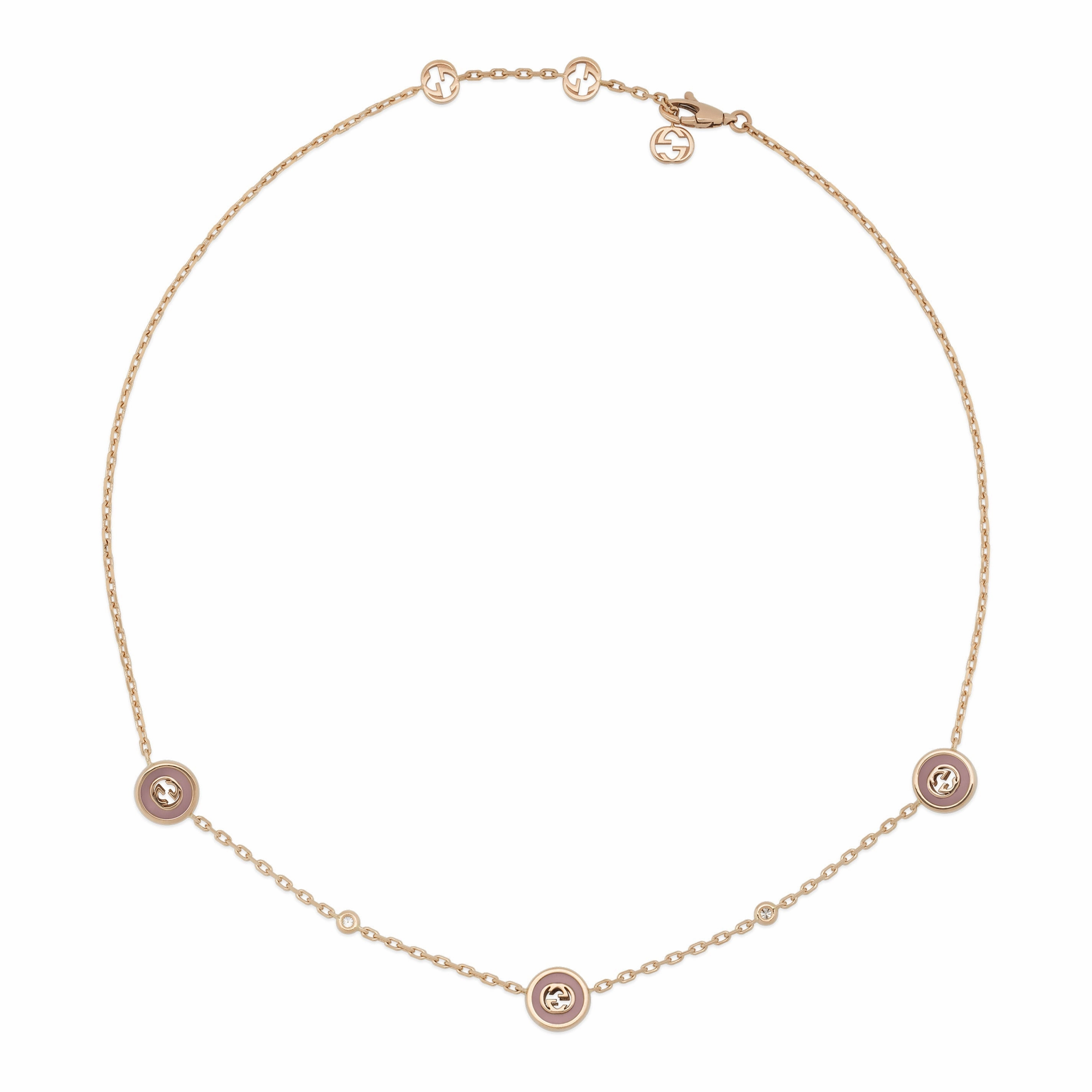 Gucci Interlocking G 18ct Rose Gold Diamond & Pink Opal Necklace