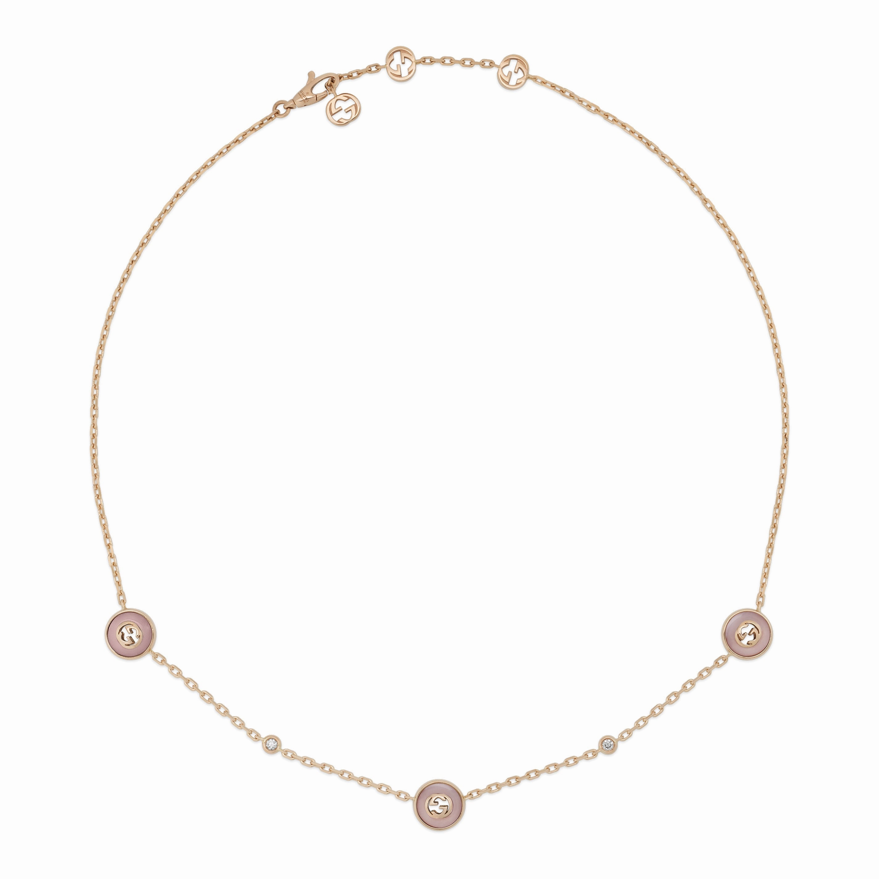 Gucci Interlocking G 18ct Rose Gold Diamond & Pink Opal Necklace