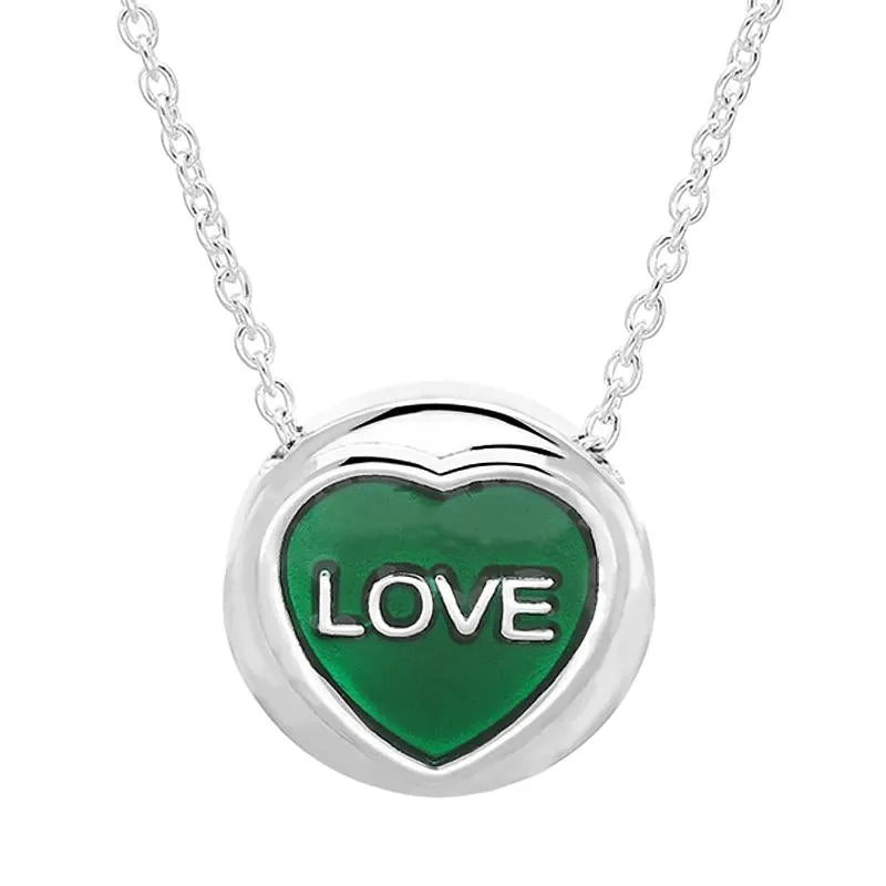 Love Hearts Sterling Silver Green Enamel "Love" Heart Necklace