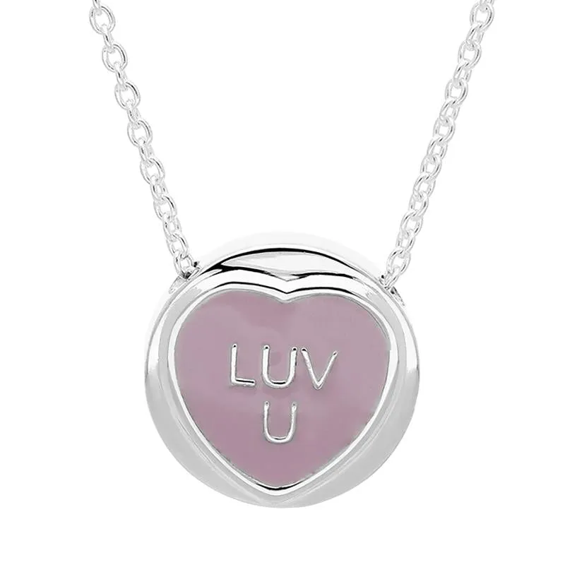 Love Hearts Sterling Silver Pink Enamel "Luv U" Necklace
