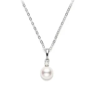 Mikimoto 18ct White Gold Diamond 7mm White AA Akoya Pearl Necklace