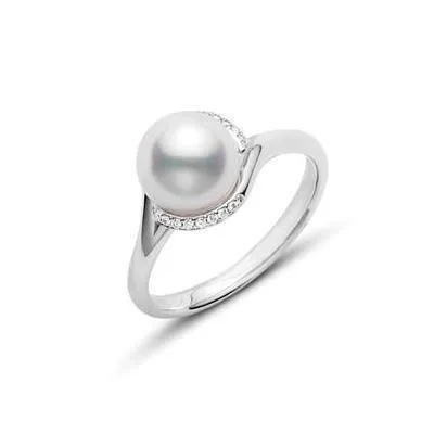 Mikimoto 18ct White Gold Diamond 8mm White A  Akoya Pearl Ring