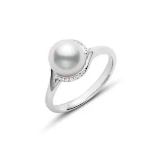 Mikimoto 18ct White Gold Diamond 8mm White A  Akoya Pearl Ring