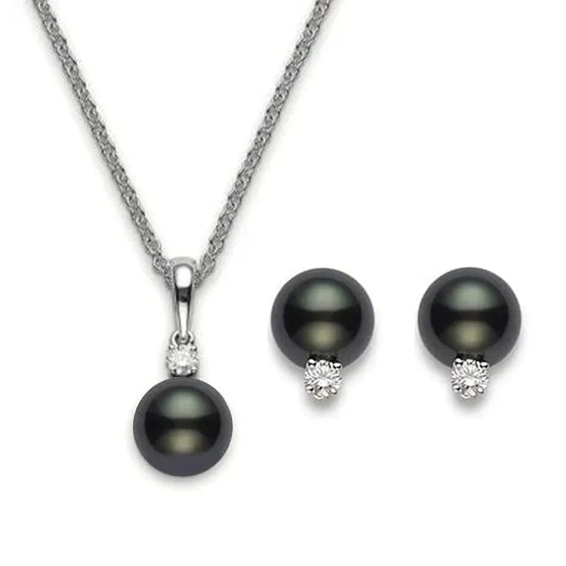 Mikimoto 18ct White Gold Diamond Black South Sea Pearl Two Piece Gift Set