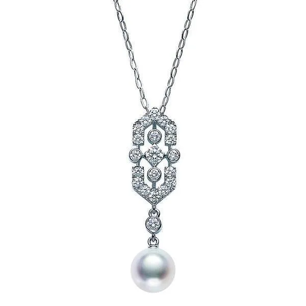 Mikimoto 18ct White Gold Diamond White Akoya Pearl Art Deco Necklace