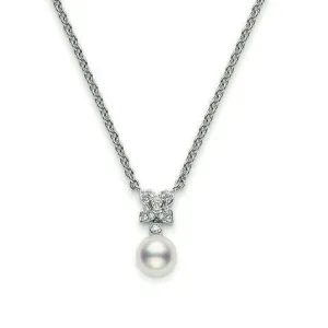 Mikimoto 18ct White Gold Diamond White Akoya Pearl Flower Necklace