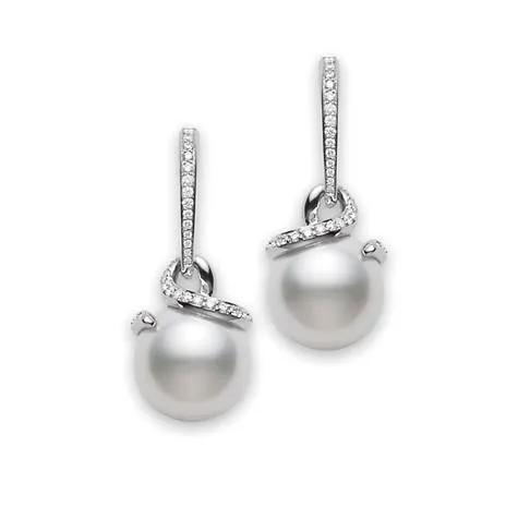 Mikimoto 18ct White Gold Diamond White South Sea Pearl Twisted Earrings