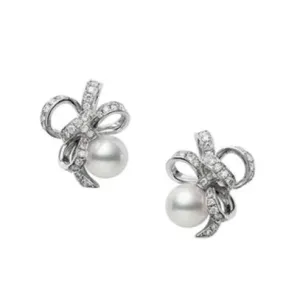 Mikimoto Jeux de Rubans 18ct White Gold 7.75mm Pearl Diamond Earrings