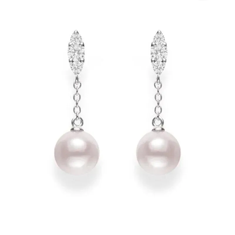 Mikimoto Morning Dew 18ct White Gold Diamond White Akoya Pearl Long Drop Earrings