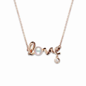 Mikimoto 18ct Rose Gold Diamond White Akoya Pearl 'Love' Necklace