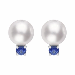 Mikimoto 18ct White Gold Sapphire 7.5mm White A  Akoya Pearl Stud Earrings D