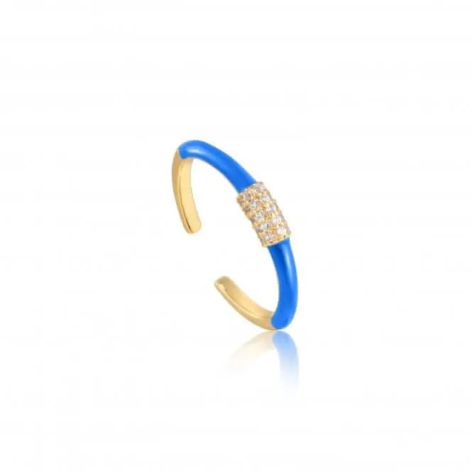 Neon Blue Enamel Carabiner Gold Adjustable Ring R040-01G-NB