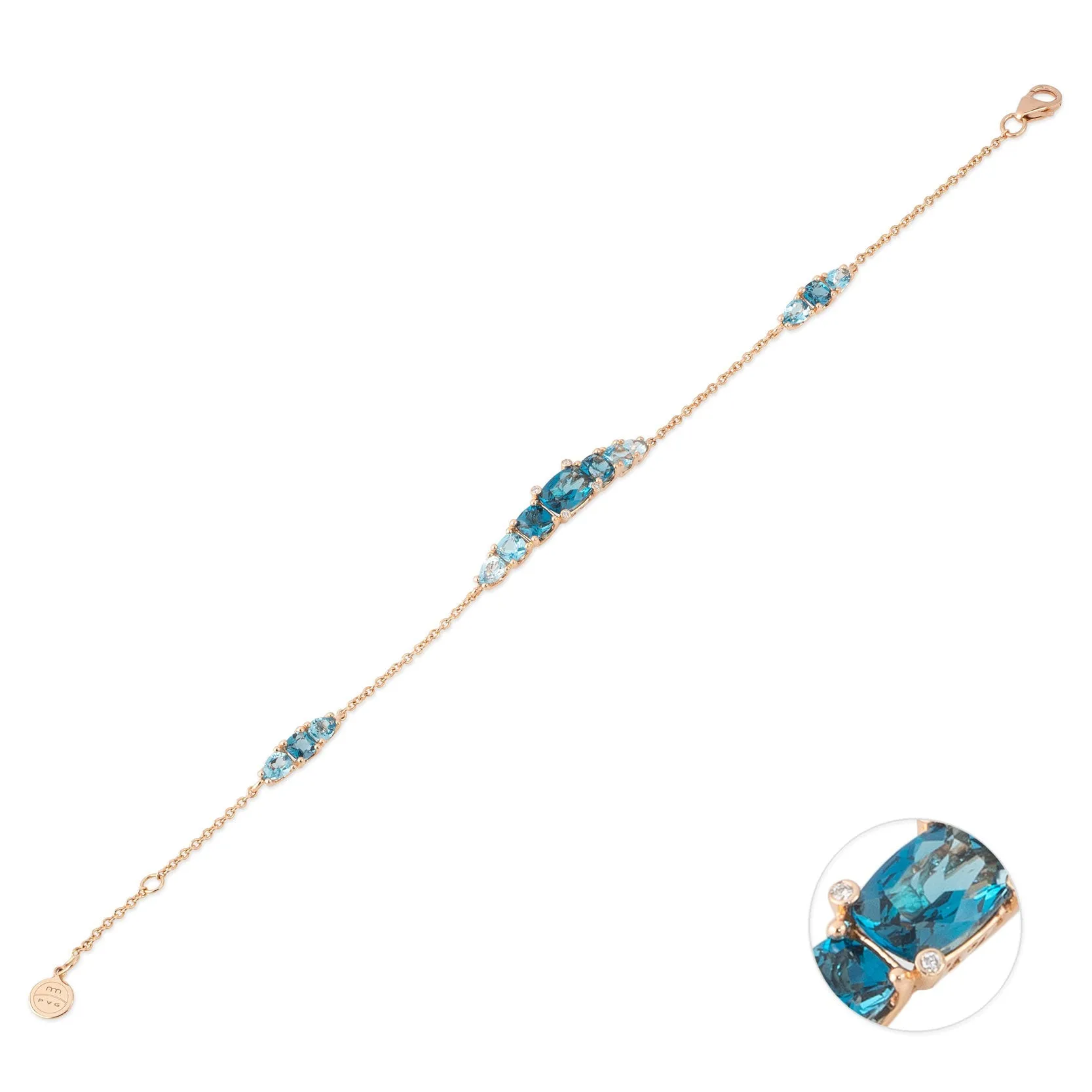 Ponte Vecchio Iris 18ct Rose Gold Blue Topaz Diamond Chain Bracelet