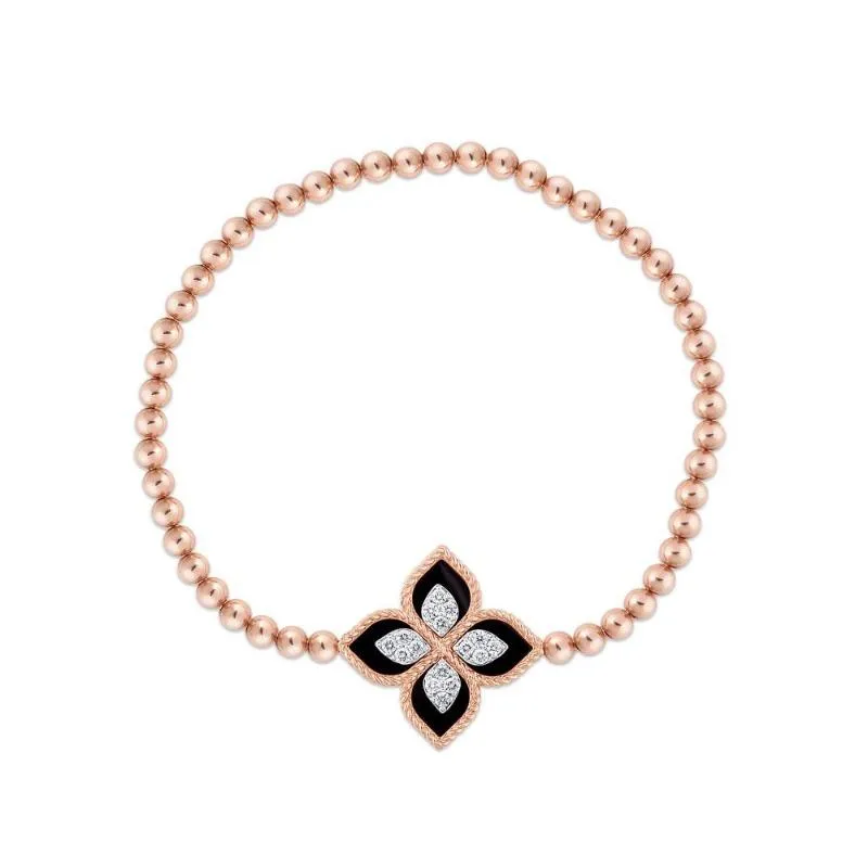 Roberto Coin Princess Flower 18ct Rose Gold Diamond Black Jade Bracelet