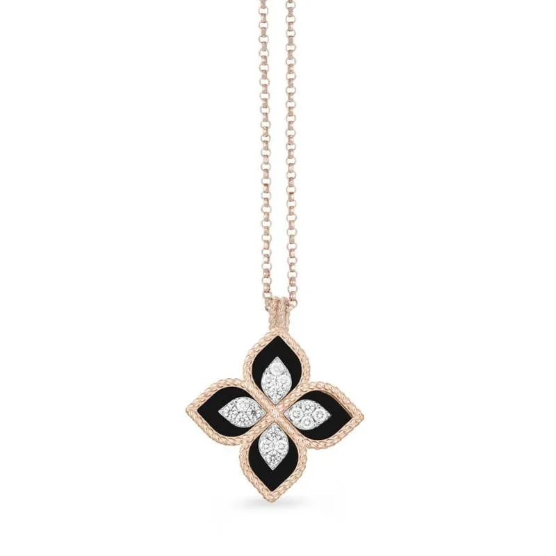 Roberto Coin Princess Flower 18ct Rose Gold Diamond Black Jade Necklace