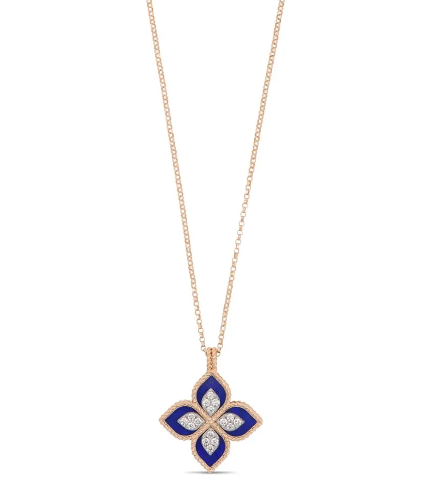 Roberto Coin Princess Flower 18ct Rose Gold Diamond Lapis Lazuli Necklace