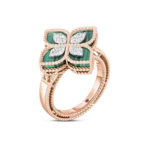 Roberto Coin Princess Flower 18ct Rose Gold Diamond Malachite Ring