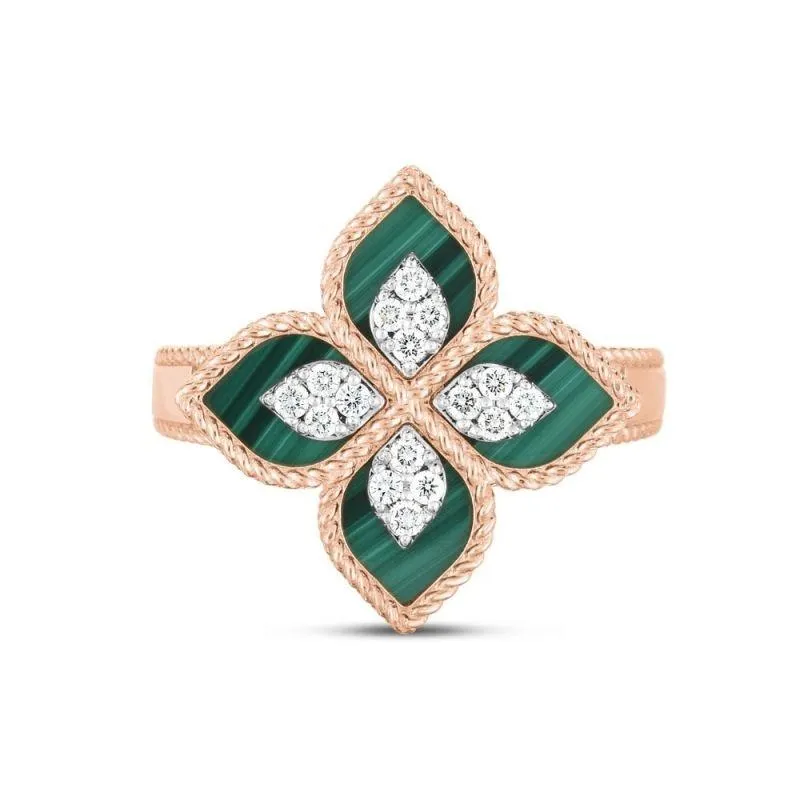 Roberto Coin Princess Flower 18ct Rose Gold Diamond Malachite Ring