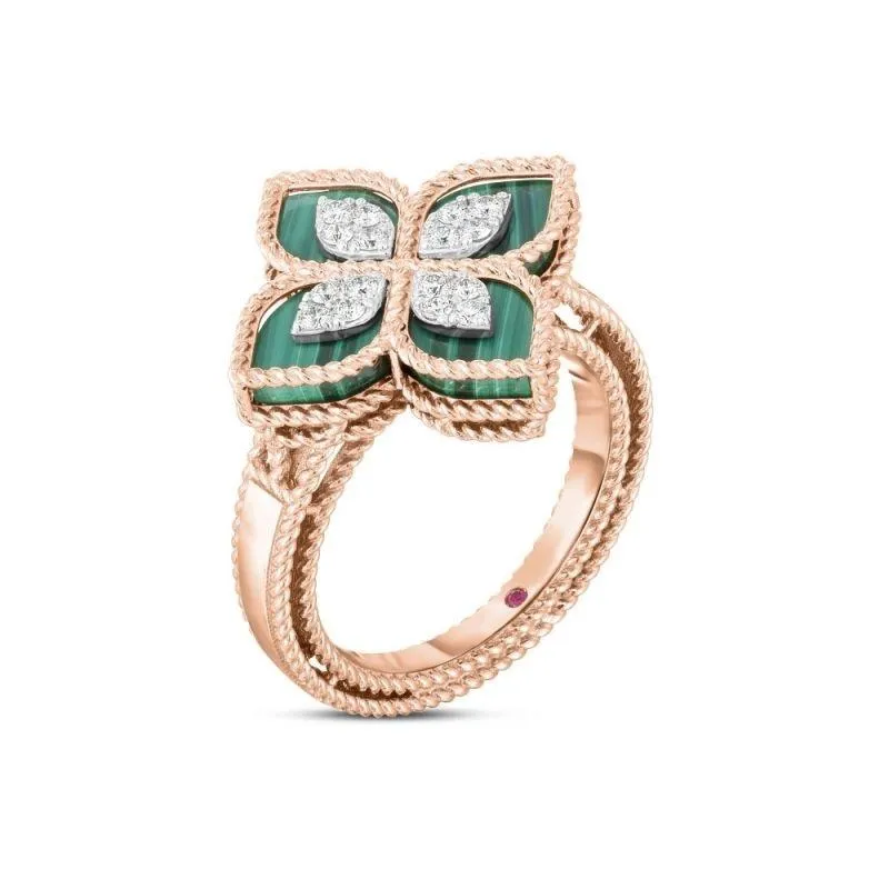 Roberto Coin Princess Flower 18ct Rose Gold Diamond Malachite Ring
