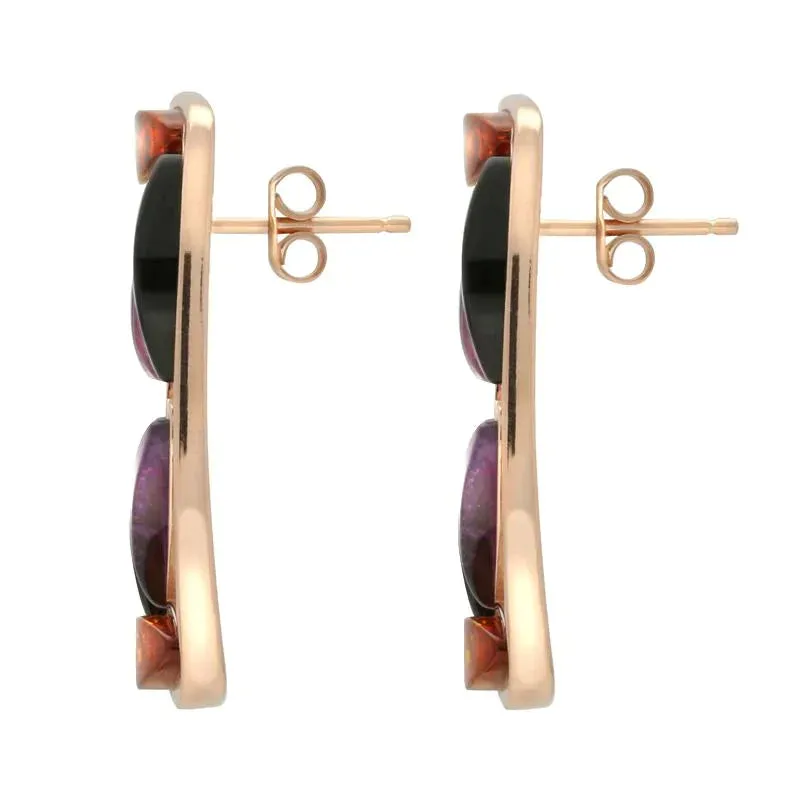 Rose Gold Plated Sterling Silver Whitby Jet Amber Amethyst Six Stone Earrings