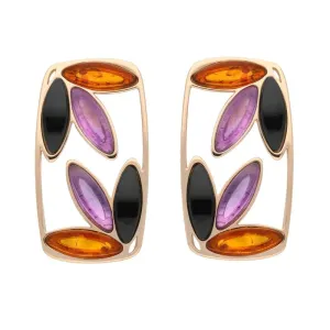 Rose Gold Plated Sterling Silver Whitby Jet Amber Amethyst Six Stone Earrings