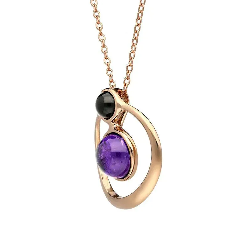Rose Gold Plated Sterling Silver Whitby Jet Amethyst Two Stone Open Circle Necklace