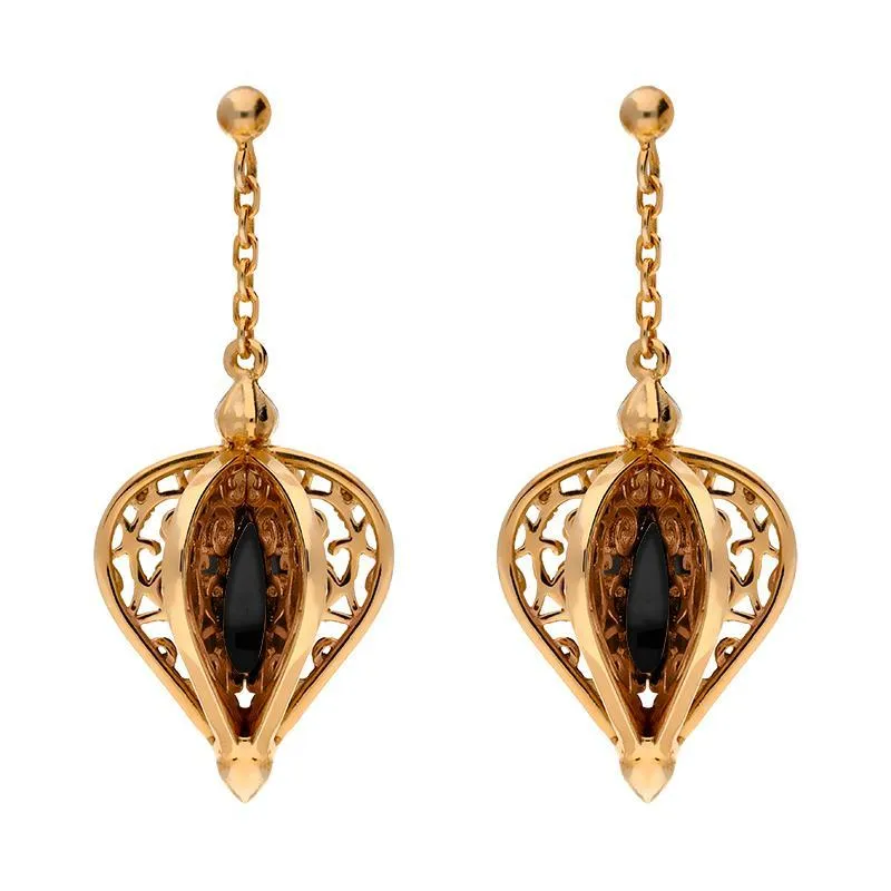 Rose Gold Plated Sterling Silver Whitby Jet Flore Filigree Drop Earrings